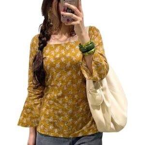 ANNI Designer Women’s Viscose Blend Printed Short Kurti | Straight Fit Casual Ethnic Top | Square Neck Full Sleeve Kurta Office College